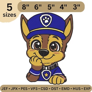 May include: Embroidered patch featuring a cartoon police dog in a blue uniform and hat. The design includes the text "5 sizes" and measurements from 3" to 8" in size. The dog has brown fur and large, expressive eyes.