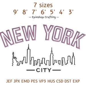 Pode incluir: Um design de bordado com o texto NEW YORK em uma fonte roxa contornada acima de uma silhueta de linha preta da cidade de Nova York, incluindo a Estátua da Liberdade. O texto inclui 7 tamanhos 9' 8' 7' 6' 5' 4' 3', Epixshop Crafting e formatos JEF JPX EMD PES VP3 HUS CSD DST EXP.