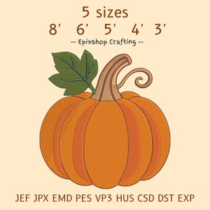 Op de afbeelding: Een oranje pompoen borduurontwerp met een groen blad en bruine steel. De tekst luidt 5 sizes 8' 6' 5' 4' 3' -- Epixshop Crafting -- JEF JPX EMD PES VP3 HUS CSD DST EXP. De pompoen heeft gestikte segmenten en een krullende rank als detail.