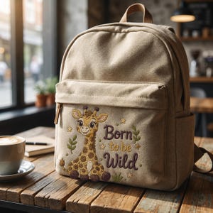 May include: A beige canvas backpack featuring an embroidered design of a smiling baby giraffe sitting down. The embroidery includes green leaves, small gold stars, and the dark brown text Born to be Wild. The backpack has a top handle and zipper.
