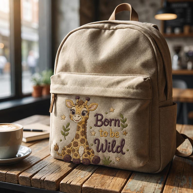 May include: A beige canvas backpack featuring an embroidered design of a smiling baby giraffe sitting down. The embroidery includes green leaves, small gold stars, and the dark brown text Born to be Wild. The backpack has a top handle and zipper.