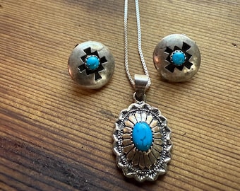 Vintage Turquoise & Sterling Silver Necklace with Earrings, 1970s, New Mexico, Signed 925