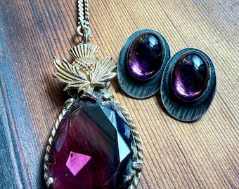 Vintage 1970s Scottish Thistle Pendant & 26" Chain with Clip-On Earrings