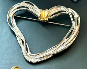 Vintage Silver-toned with Gold-toned Accent Heart Pin and Earring Jewelry Set, Valentine's Day