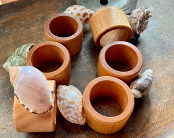 Vintage 6-Piece Sea Shell & Wooden Napkin Rings with Decorative Glass Cylinder Spouted Carafe