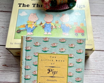 Vintage Whimsical Piggy Books, Pig Puzzle Book with Little Resin Cottage
