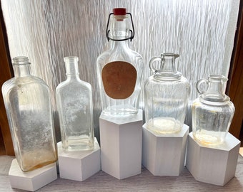 Vintage Large Syrup Bottles, Variety of Clear Glass Potion Bottles