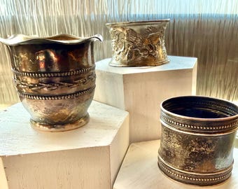 Napkin Ring Holders with Cup- Pairpoint Quadruple Silver Plated, Dragon Design, & Small Cup
