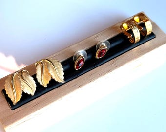 Vintage Gold Tone & Red Stone Stud and Clip-On Earrings – Set of 3 Pairs