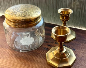 Vintage Brass Covered Etched Glass Jar & Brass Candlestick Holders