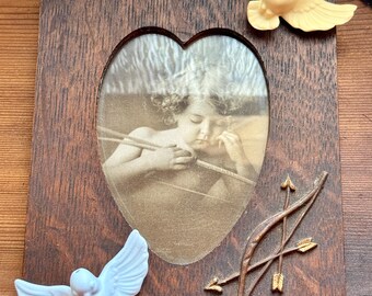 Vintage Cupid Asleep Photo in Embellished Frame with Ceramic Birds
