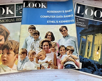 Vintage Look Magazines, 1963, 1964, and 1968, Set of 3, JFK, Historical, Junk Journals