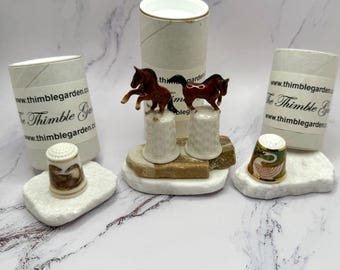 Vintage Thimble Set: Spode Swan, Franklin Mint Otter, Kilma Horses, Set of 4