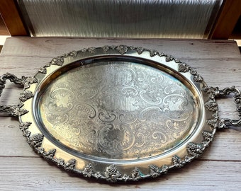 Vintage 21" Wide Silver on Copper Reproduction Grape Embossed Serving Tray