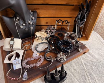 Vintage Black & Silver Costume Jewelry Set, Necklaces, Bracelets, Rings, and More!