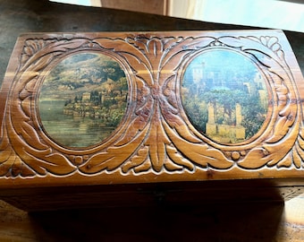 Vintage Carved Cedar Jewelry Box: Country Scene, Rose Etched Mirror