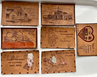 Vintage Leather Postcards, Lot 3, Early 1900s, Set of 7, Whimsical Pyrography Antique Leather Post Cards, Ephemera