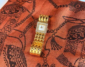 Vintage Pashmina Autumn Scarf with Vivani Gold-Tone Rhinestone Wrist Watch