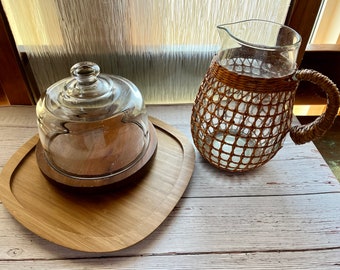 Vintage MCM Cheese Dome, Wooden Tray, & Wicker and Glass Pitcher
