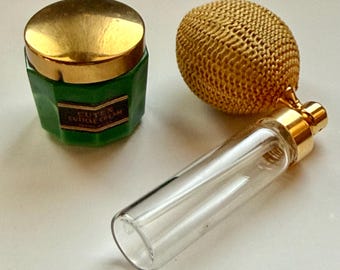 Vintage Cutex Cuticle Cream Green Hexagon Jar & Glass Atomizer – Vanity Collectible Set