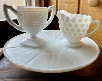 Vintage Milk Glass Cake Pedestal Plate with Embossed Creamer & Sugar Bowls