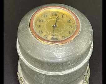 Vintage 1940s Made In USA Powder Music Box Aluminum Table Top Clock