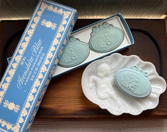 Vintage Avon Avonshire Blue Soaps Set with Milk Glass Cherub Soap Dish
