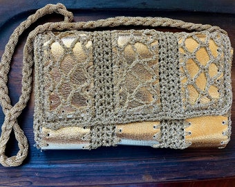 Vintage 1960s Crochet & Metallic Gold Clutch Purse with Strap, Made in Italy