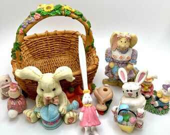 Vintage Hard Resin Easter Basket with Easter Bunny Decor, Set of Nine Pieces