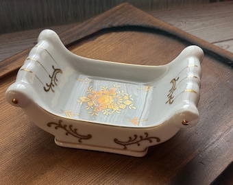 Vintage Gold-Gilded Floral and Scroll Patterned Bone-China Soap or Trinket Dish