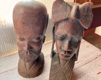 Vintage Man & Woman Wood Carved Head Bust Sculptures, Set of 2