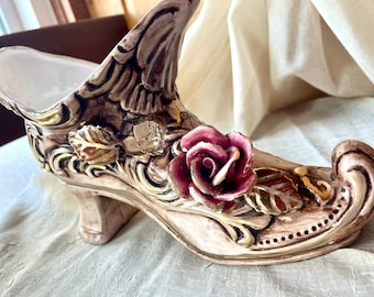 Vintage Capodimonte Handcrafted Ceramic Floral Shoe Vase with Gold Metallic Embellishments