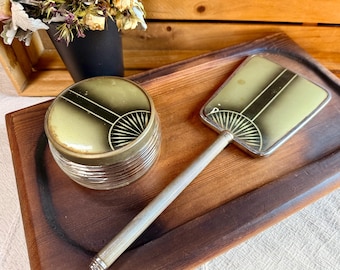 Vintage Art Deco Handheld Mirror & Powder Jar — Geometric Glass and Chrome Elegance