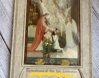 Vintage 1939 First Communion Certificate of Holy Name Church, Jesus with Children and Angels Illustration