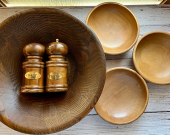 Vintage Vermillion Wooden Salad Bowl Set & Wooden Salt and Pepper Shakers