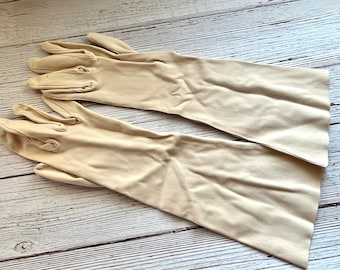 Vintage Cream Colored Stretch Dress Gloves, Retro Mid-Long Dress Gloves, Ballgown Gloves