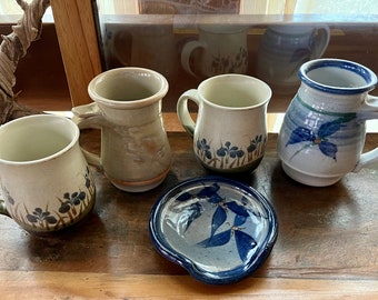 Vintage Handmade Mixed Floral Pottery Mugs with Spoon Rest, Set of 5, Handmade Pottery