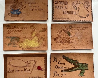 Vintage Leather Postcards, Lot 2, Early 1900s, Set of 6, Whimsical Pyrography Antique Leather Post Cards, Ephemera