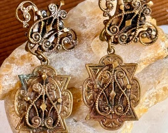 Vintage Victorian Revival Screw Back Earrings — Filigree Detail, Pearl Accents