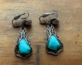 Vintage Turquoise Sterling Silver Drop Clip Earrings