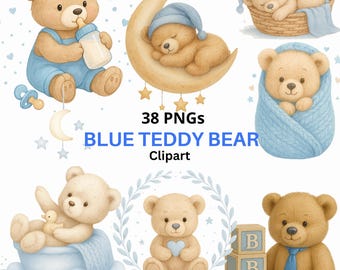 38 blauwe babyteddybeer aquarel clipart | PNG-set voor kinderkamer | Directe digitale download