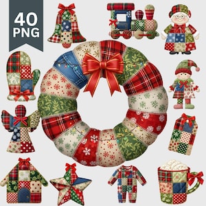 Può includere: Una collezione di ornamenti natalizi patchwork, tra cui una ghirlanda, una campana, un treno, un angelo, un guanto, una casa, una stella, un elfo, un'etichetta e una tazza. Gli ornamenti presentano motivi a quadri rossi, verdi e blu e fiocchi di neve, con fiocchi rossi.