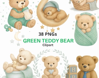 38 Green Teddy Bear Watercolor Clipart | Boy Nursery PNG Set | Instant Digital Download