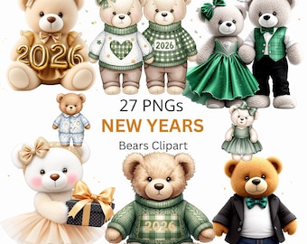 New Year 2026 Teddy Bear Clipart | Party PNG Set | Instant Digital Download