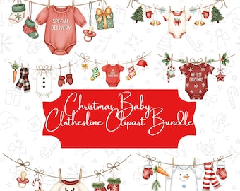 May include: A collection of Christmas-themed baby clothes and accessories hanging on a clothesline. The image includes onesies, socks, mittens, and a pacifier, with the text "Special Delivery" and "My First Christmas".