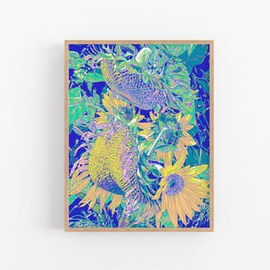 Lebendige Sonnenblume Kunstdruck | Bold Botanische Wanddekoration | Psychedelisches Blumenplakat | Bauernhaus-Wand-Dekor | Bunte Natur Illustration