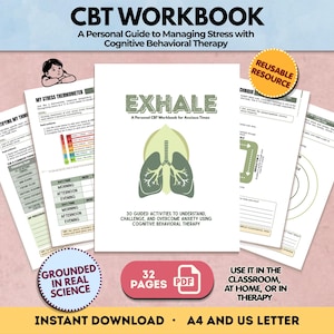 Op de afbeelding: Een CGT-werkboek getiteld EXHALE, A Personal CBT Workbook for Anxious Times, met een longillustratie. Het document bevat 32 pagina's met begeleide activiteiten voor stressbeheersing, zoals My Stress Thermometer en Identifying My Thoughts, beschikbaar als directe download in A4- en US Letter-formaat.