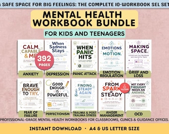 May include: A bundle of ten mental health workbooks for kids and teenagers, featuring titles like Calm, Capable & Me, When Sadness Stays, When Panic Hits, Emotions in Motion, Making Space, Brave Enough to Try, Good Enough is Powerful, Finding Steady Again, From Spark to Steady, and Not Every Thought Needs an Answer.