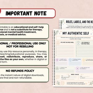 May include: A digital printable worksheet titled My Authentic Self with sections for personal reflection, including prompts about feelings and boundaries, alongside a separate page titled Roles, Labels, and the Real Me, plus an important note box.