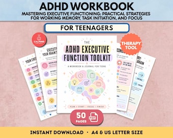 May include: An ADHD workbook and journal for teenagers titled The ADHD Executive Function Toolkit. The cover features a pastel-colored brain illustration with icons for planning, focus, and memory. Includes 50 pages in PDF format.